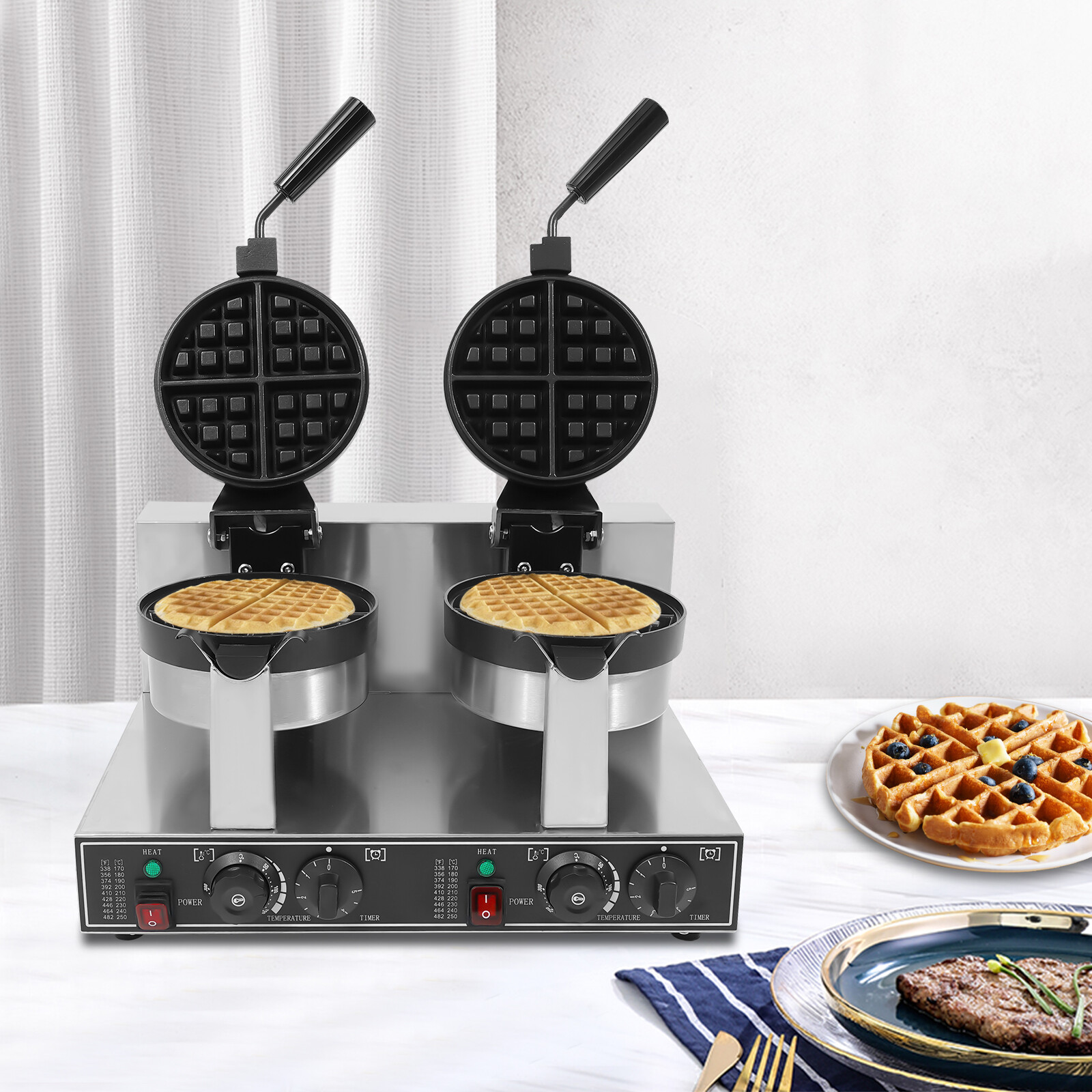 2400W Dual Head Non-Stick Breakfast Round Belgian Waffle Maker Commercial