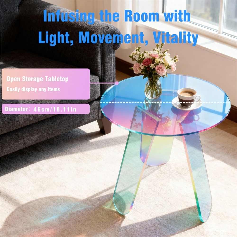 Round Iridescent Rainbow Coffee Table Acrylic Sofa Side End Table Triangle Legs