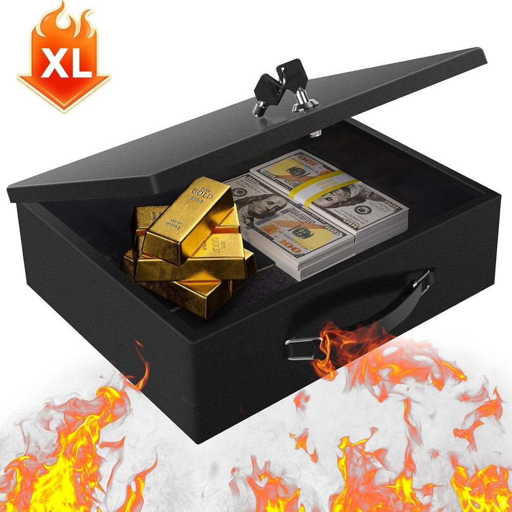 X-Large Fireproof Document Box, Portable Fire Resistant Safe Box with Key Lock