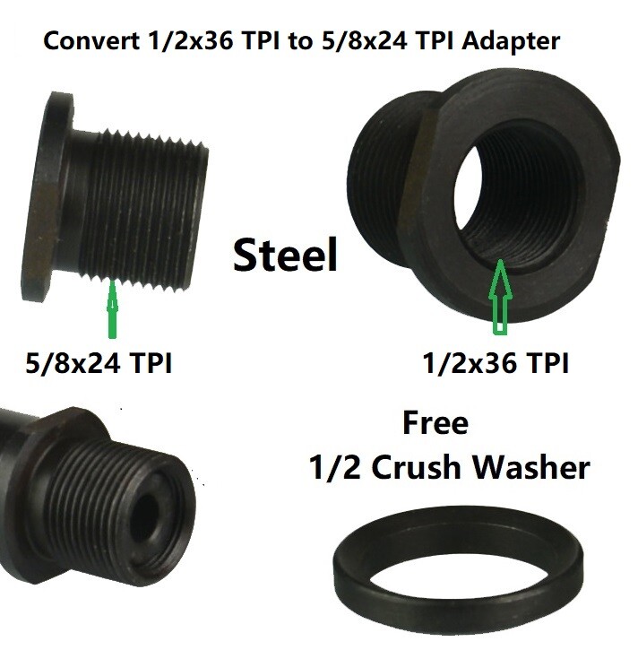 Steel Adapter to Convert 1/2x36 TPI Muzzle Thread to 5/8x24 TPI Muzzle Thread
