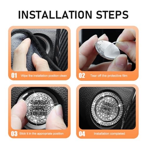 Car Engine Start Button Cover, Sparkling Rhinestone Push Start 2 PCS White