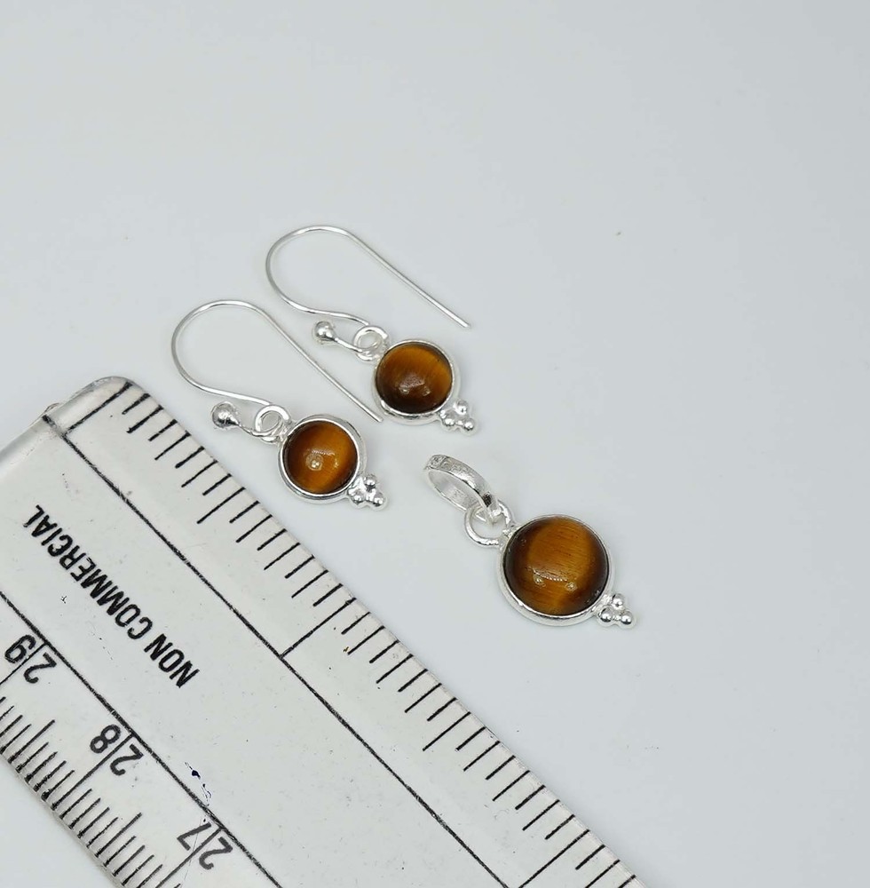 925 Solid Sterling Silver Tiger Eye Hook Earring Pendant Set