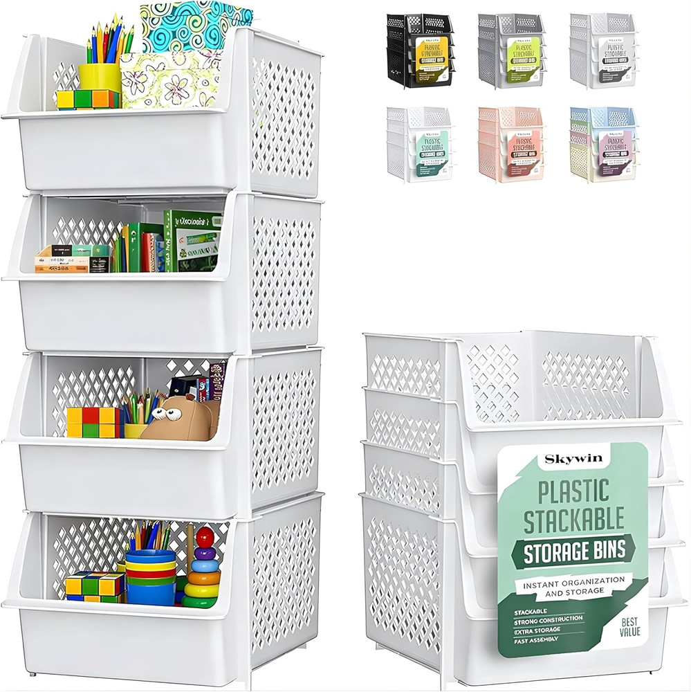 Tidyfriend Stackable Storage Bins for Pantry, 4 Pack Stackable Bins for Organizi