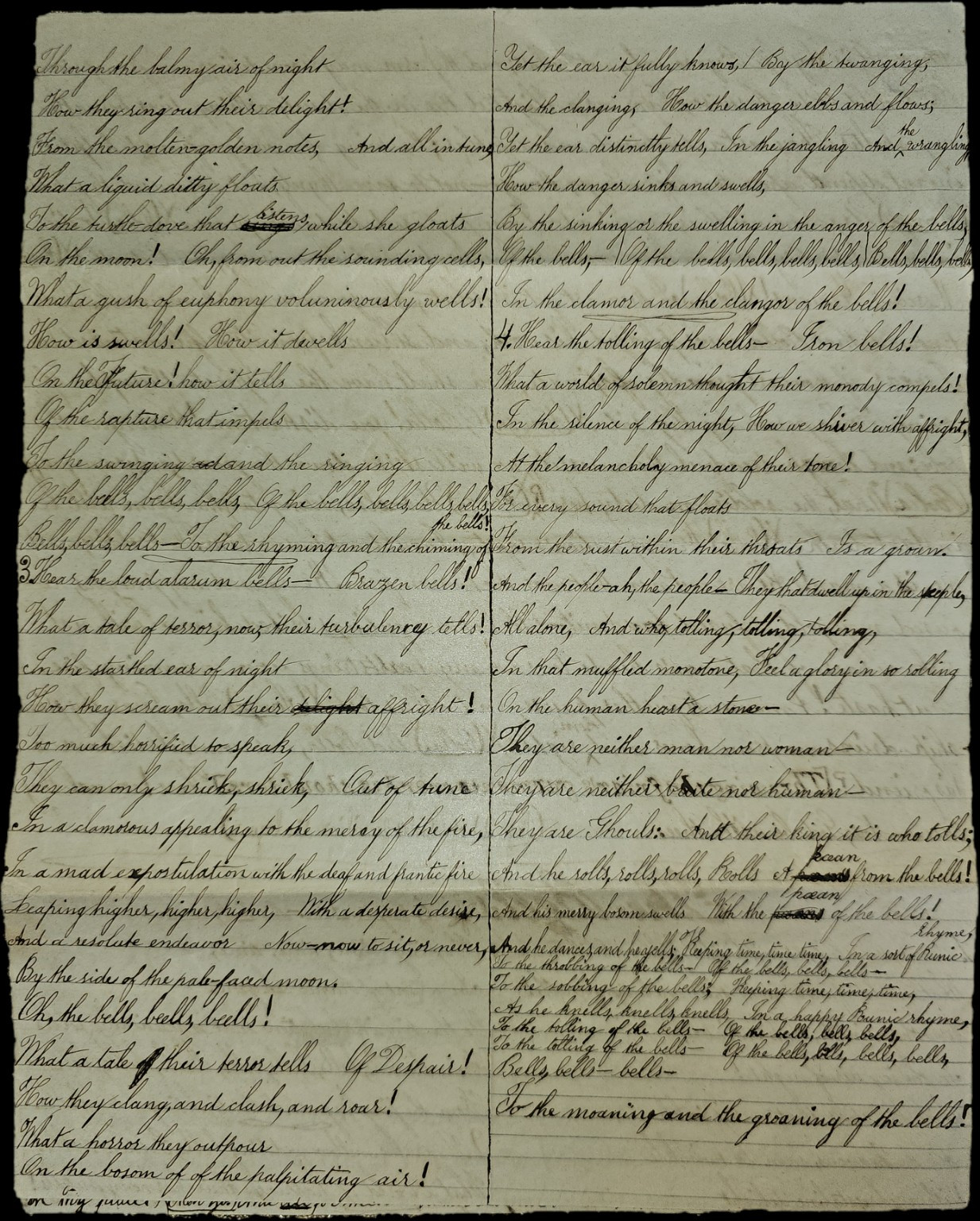 1850s Handwritten Literary Manuscript – Edgar Allan Poe “The Bells” & Sheridan P