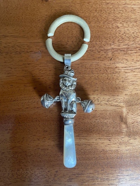 English Sterling Silver Lion Baby Rattle / Teething Ring Hallmarked Free Shippin