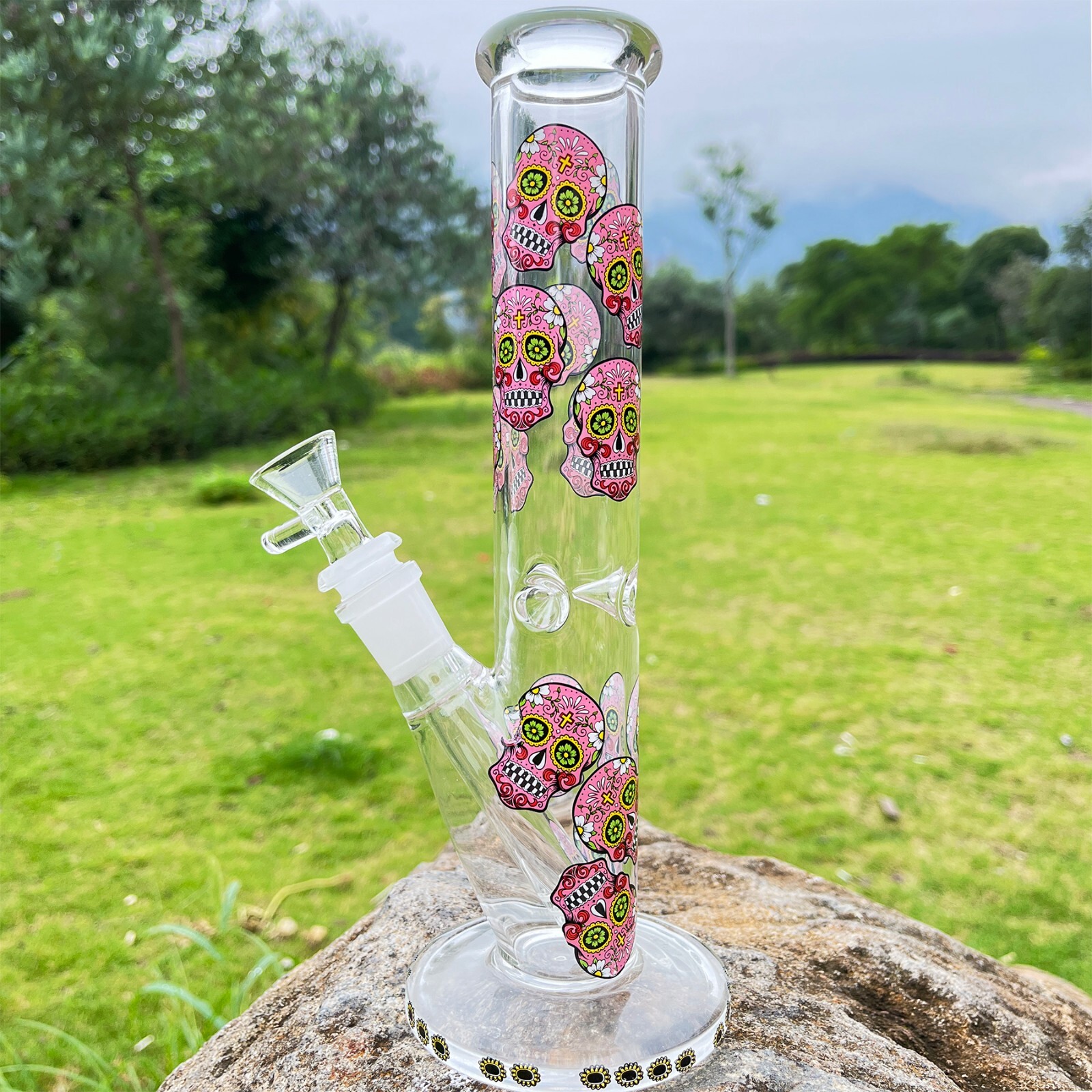 10" Glass Bong Smoking Hookah Water Pipes Pink Skull Tobacco Beaker 14mm Bowl