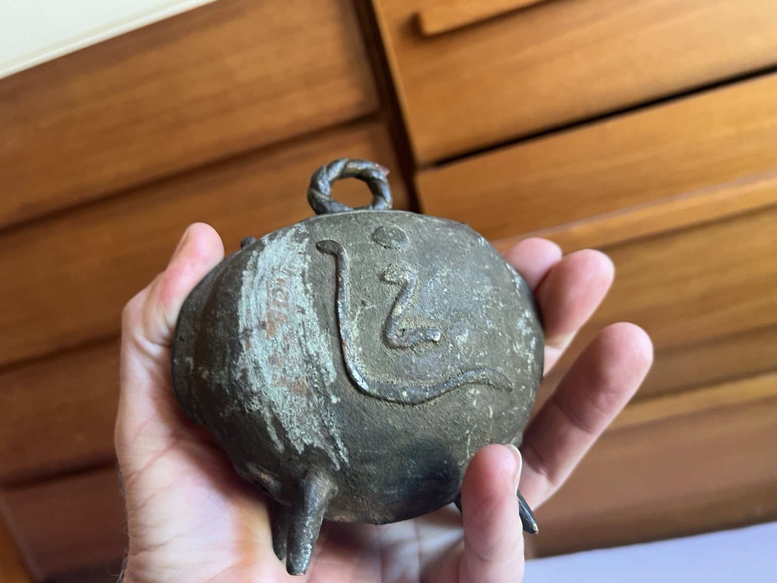 Vintage Oriental Brass Bell Cow Elephant Legs Inscribed