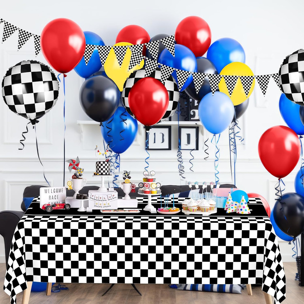 4 Pack Mixed Racing Car Plastic Rectangular Tablecloths, Black and White Checker