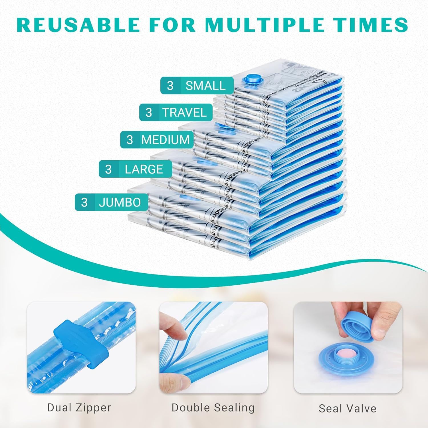 15 Pack Vacuum Seal Bags for Clothing &Travel, Space Saver Vacuum Storage Bags f