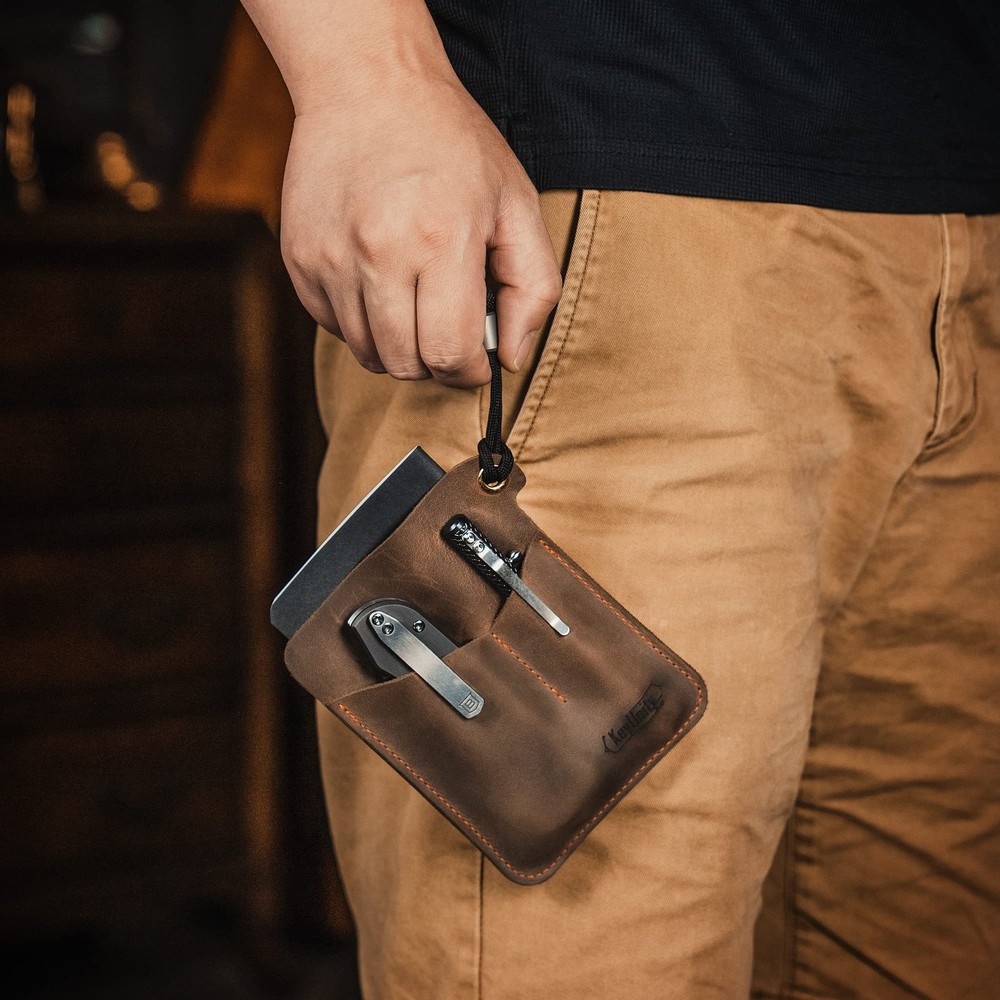 KL01 Leather Pocket Organizer with 3 Pouch, EDC Multitool Sheath for Notebook...