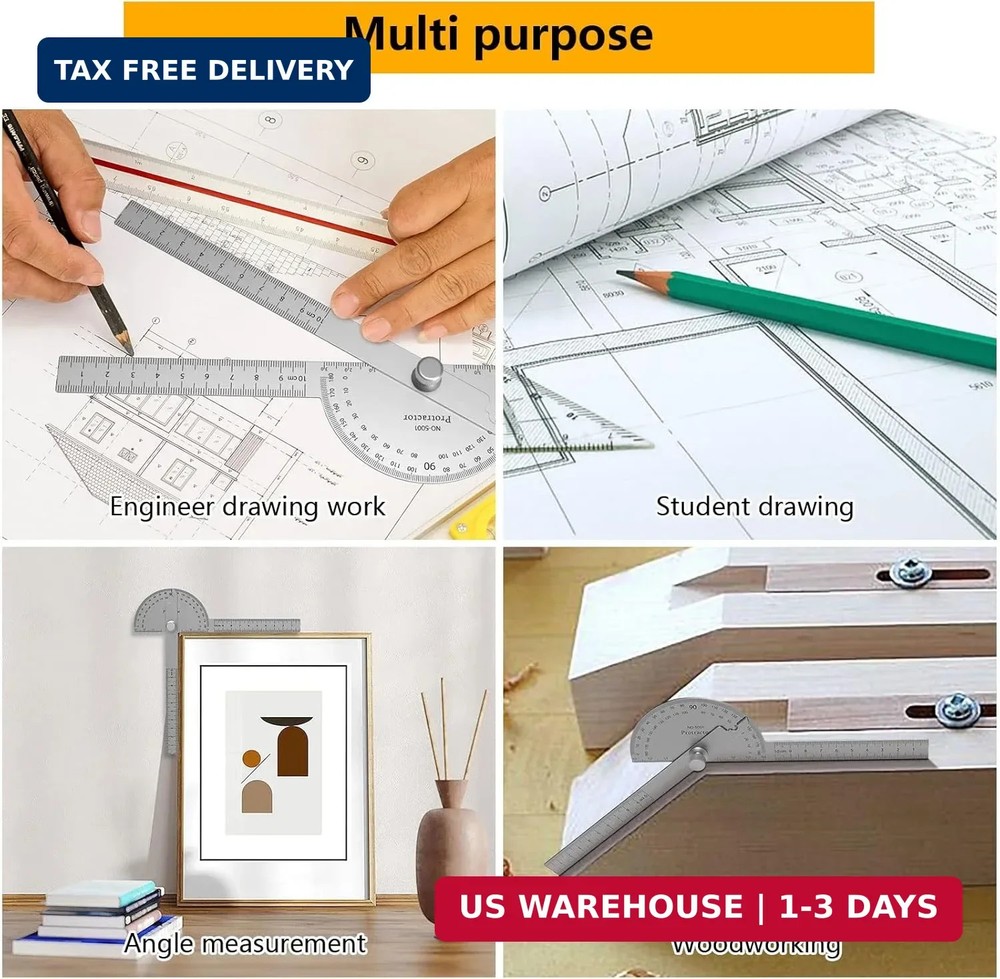 180 Degree Metal Protractor Adjustable Angle Ruler 2 Arm Measuring Tool