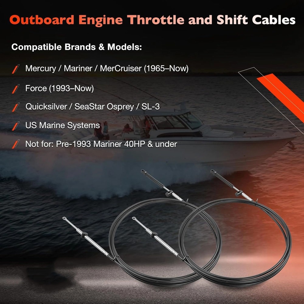 2PCS 10FT Outboard Throttle Cable Gen I Control Shift Cables For Mercury Mariner
