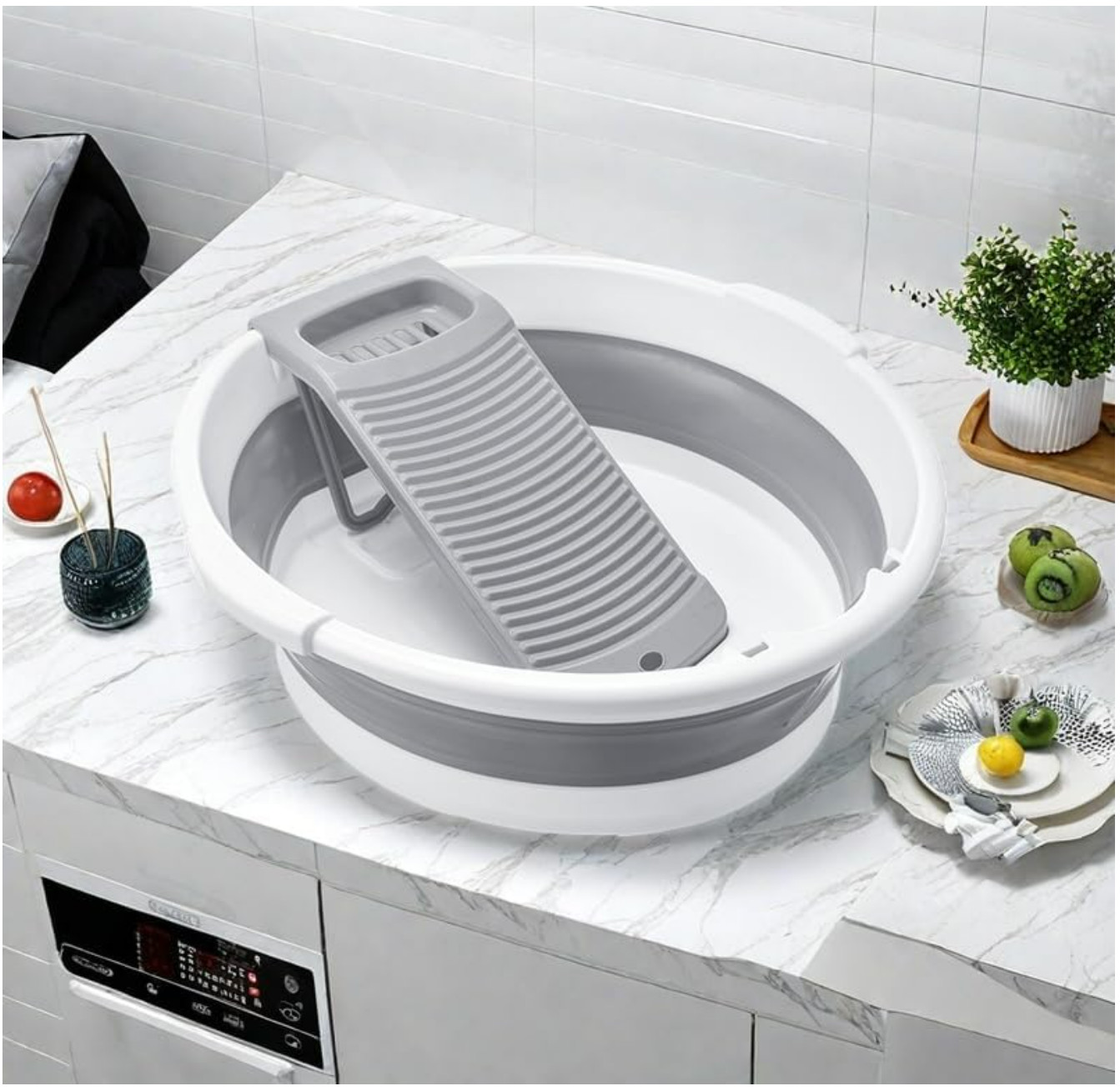 Collapsible Washboard Basin for Clothes, Portable Foldable Laundry Tub (Gray)