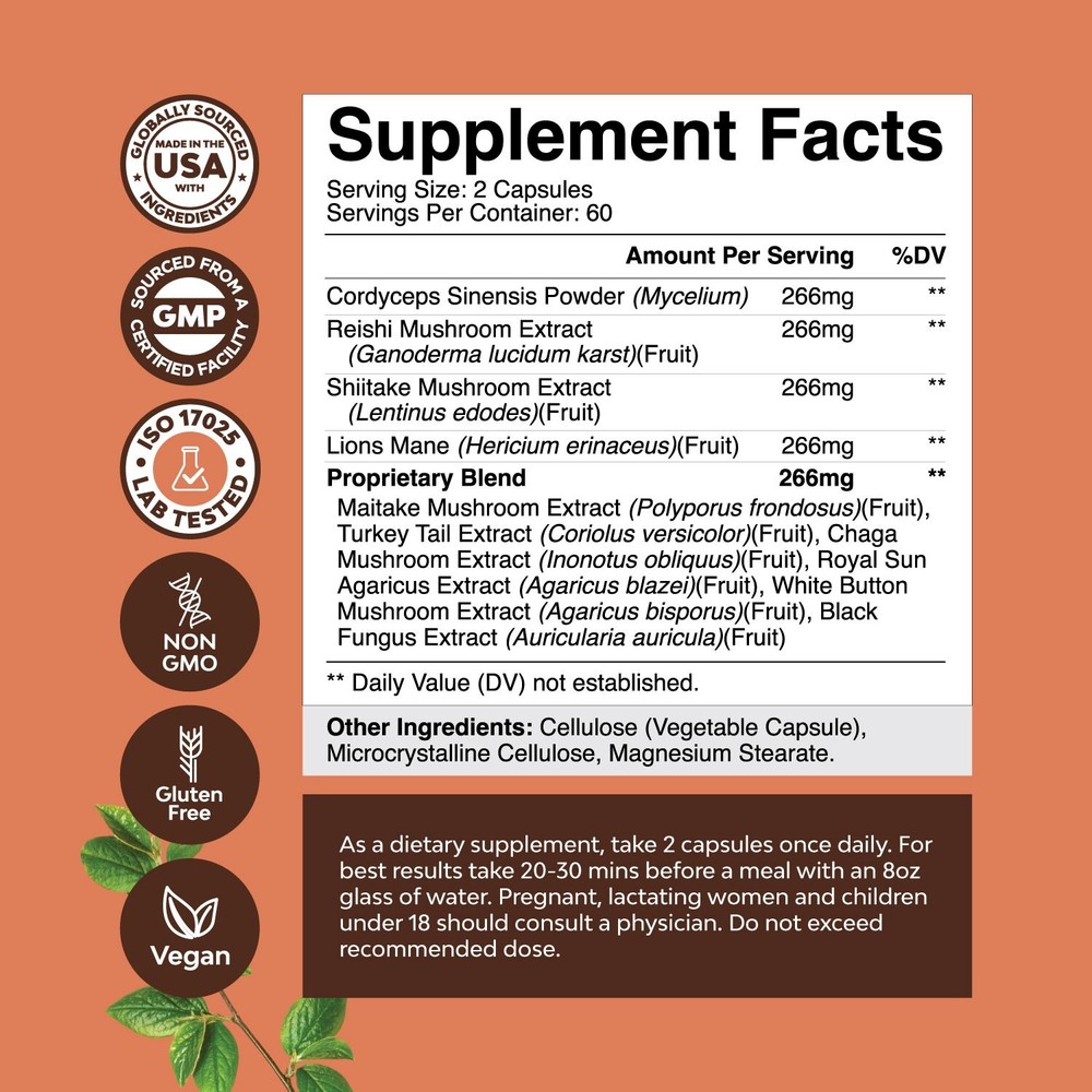 Advanced Mushroom Complex Capsules - 10X Lions Mane Supplement 120ct