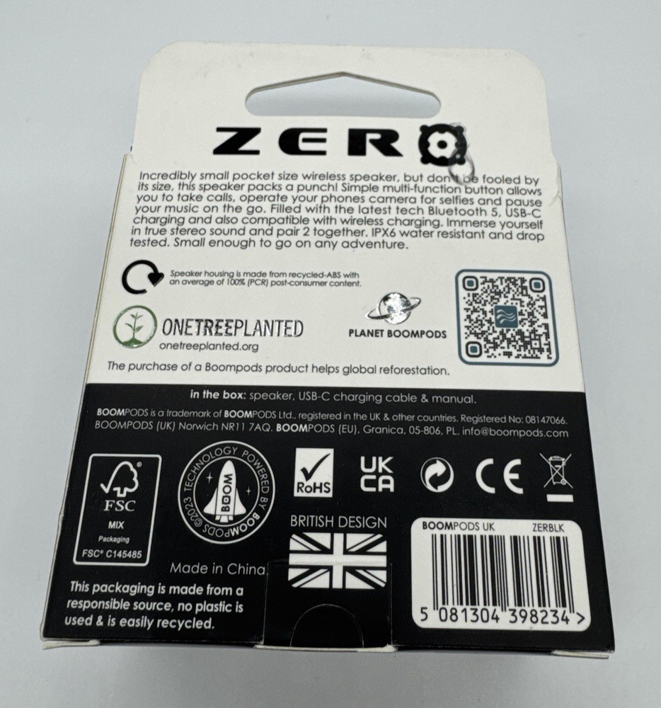 Boompods Zero Speaker 3 Cm Wireless Bluetooth Speaker Dual Pairing Black NEW