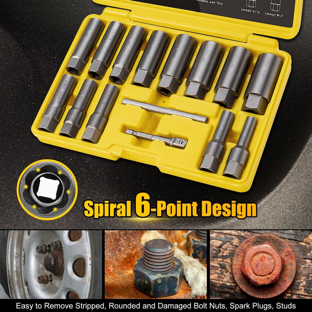 Topec 15PCS Deep Bolt Extractor Kit, 6mm19mm Nut Extractor Socket Set, 3/8" D...