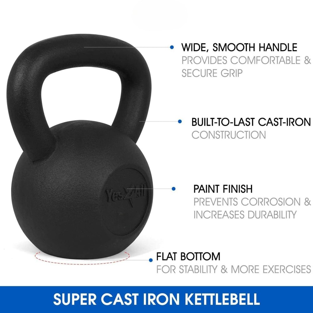 High Quality 15lb Solid Cast Iron Kettlebell Black for Strength Training