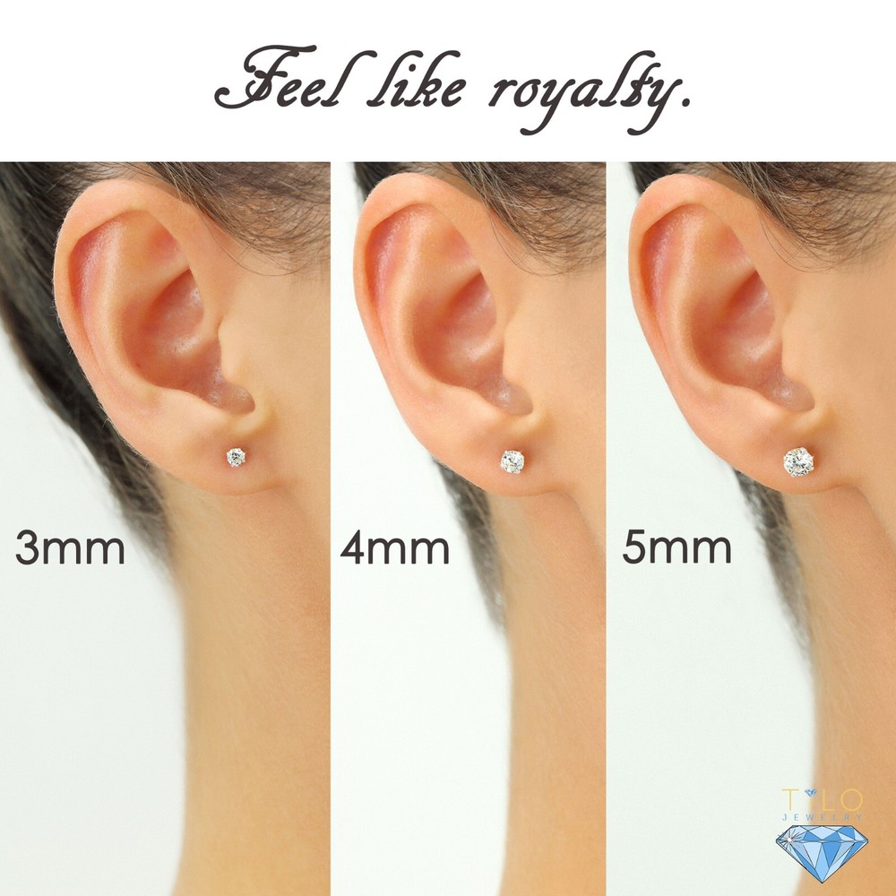 14K Solid White Gold Solitaire Round CZ Sleeper Studs Earrings Screwback 2mm-8mm