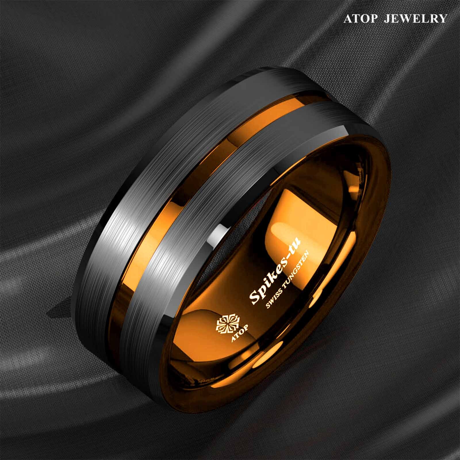 ATOP 8mm Black Tungsten Carbide Thin Orange Line Wedding Band Ring Men’s Jewelry
