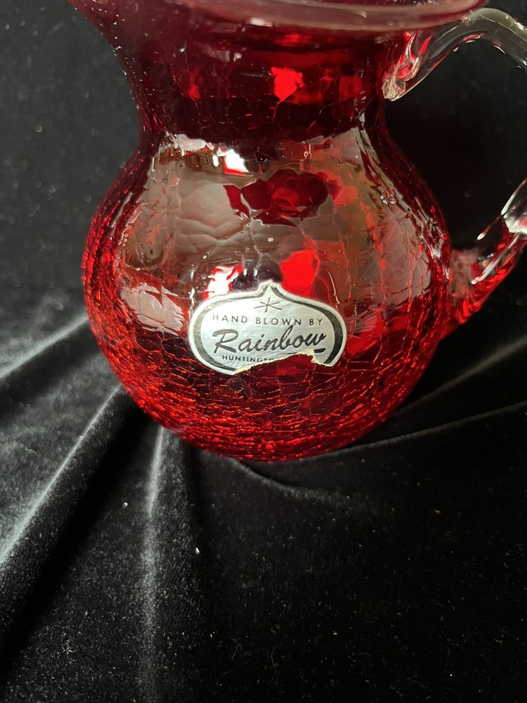 Hand Blown Rainbow Glass Ruby Red Crackle GlassPitcher w/Applied Clear Handle