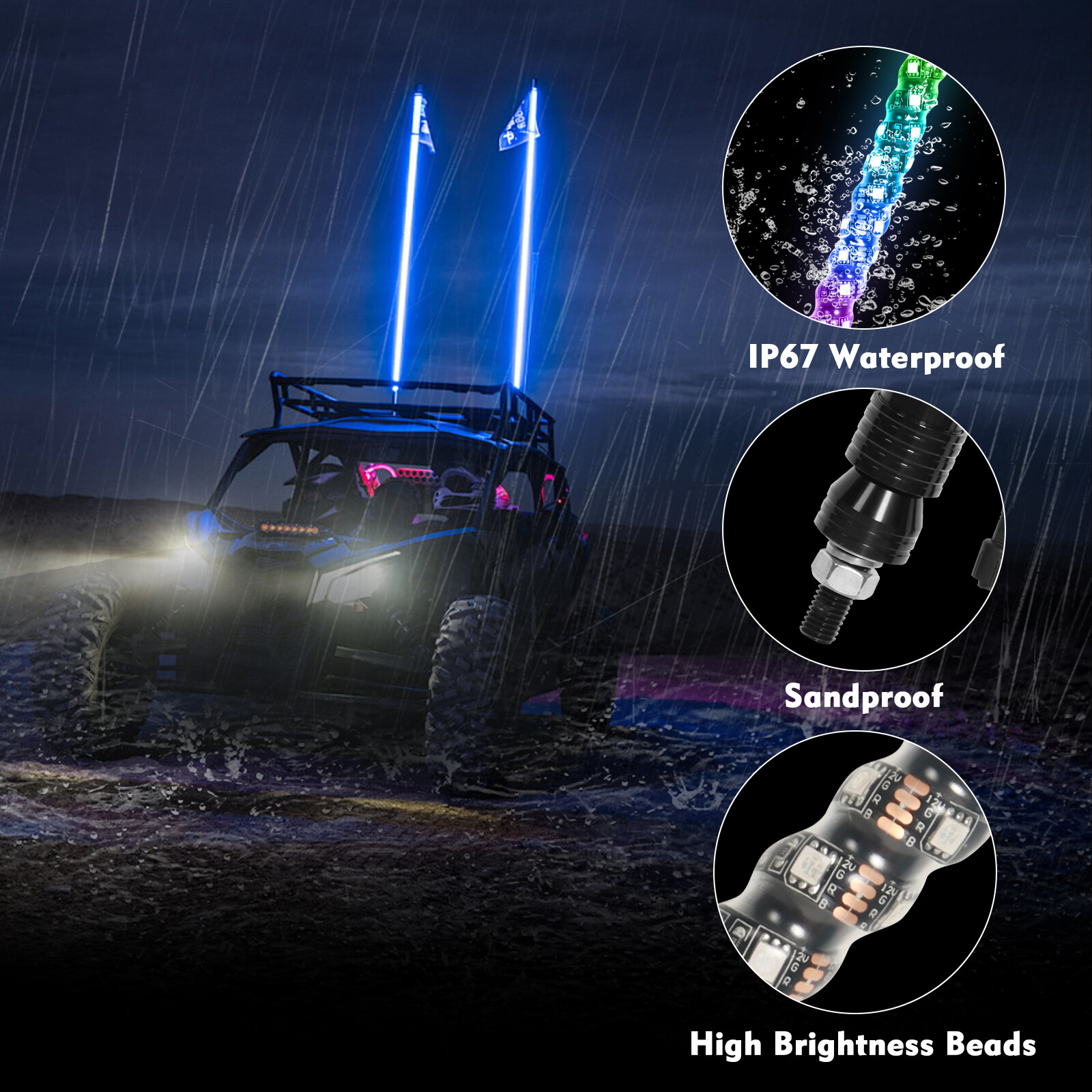 Pair 4ft RGB Spiral LED Whip Lights Antenna Chase + US Flag & Remote for ATV UTV
