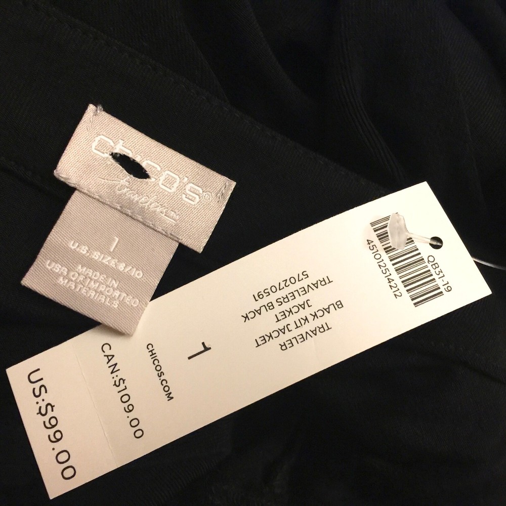 CHICO'S $106 NWT BLACK CLASSIC JACKET SIZE 1 (M)