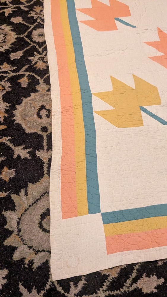 Antique Old Hand Stitched Multicolor Textile Maple Leaf Quilt 72"