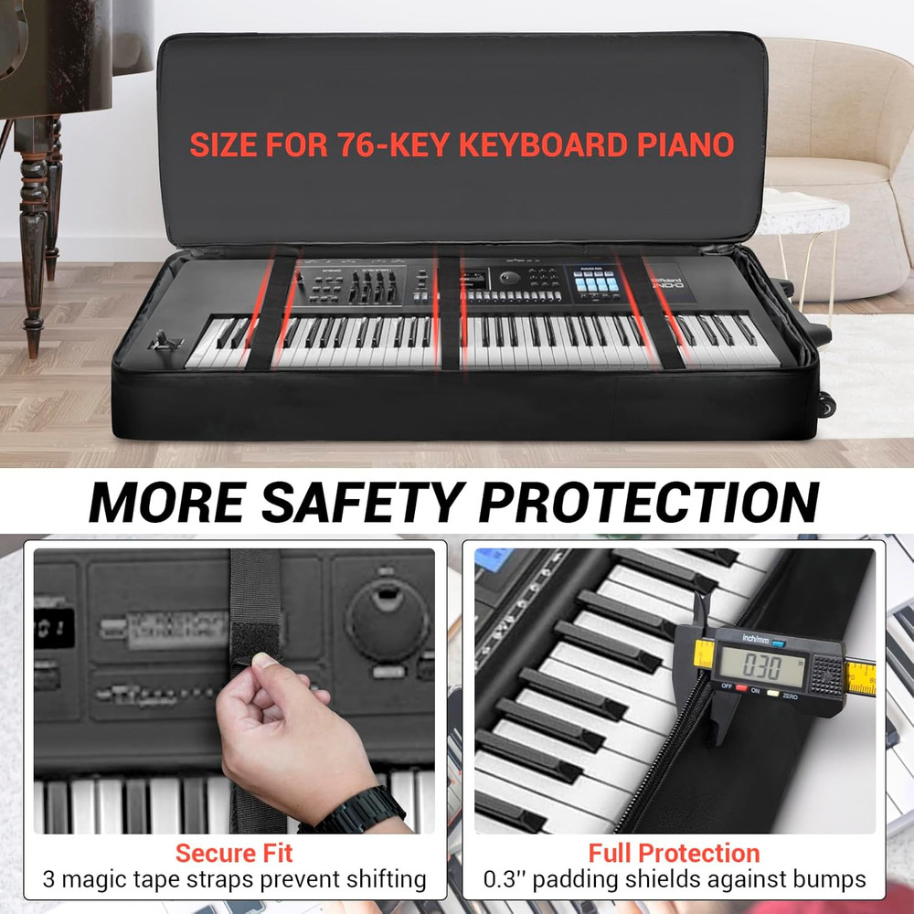 73/76 Key Keyboard Case with Wheels & Adjustable Shoulder Straps– Padded Rolling