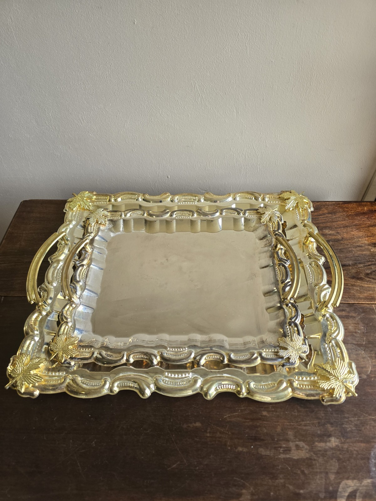 VTG Set Of 2 Dakco Silver Plated Retangle Baroque Trays W/Gold Handles & Leaves