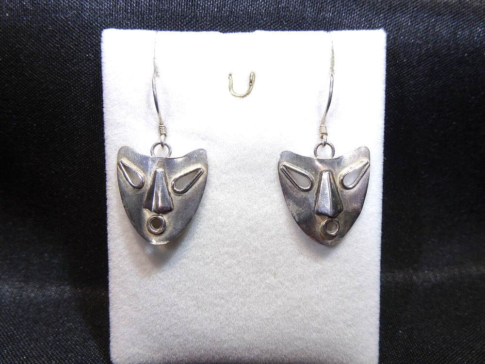 Vintage Solid 925 Sterling Silver Mask Hook Earrings