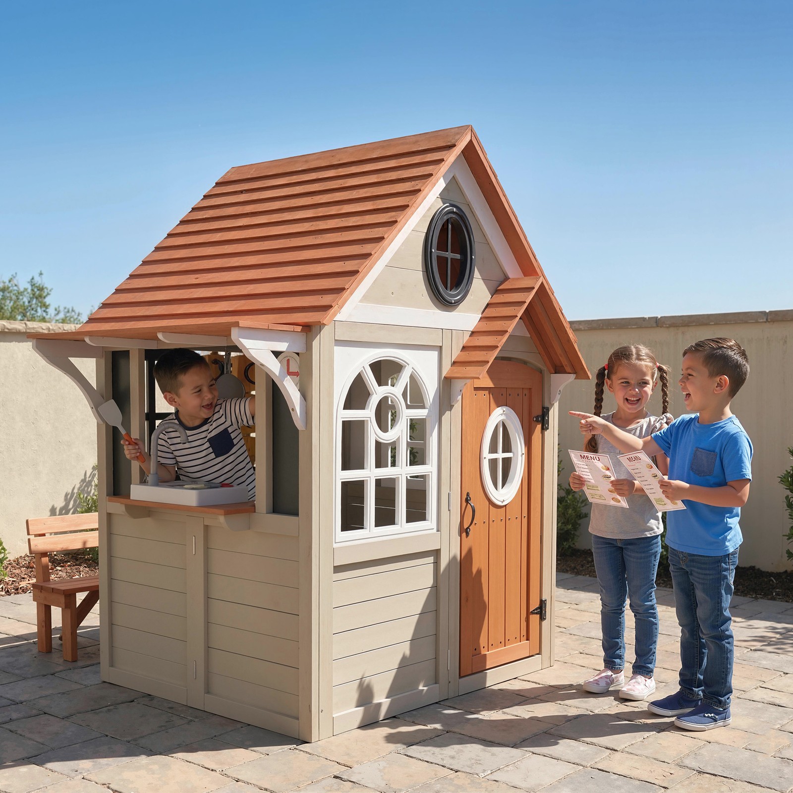 Qaba Outdoor Wooden Playhouse with Dog Door, Cookware, Blackboard, Clock