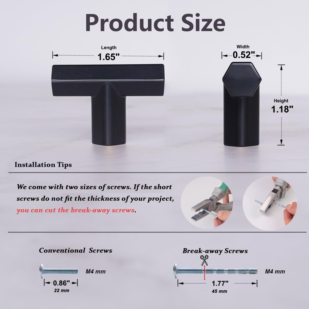 1-2/5'' T Bar Black Cabinet Knobs 4 Pack, Zinc Alloy Matte Black Knobs Handle...