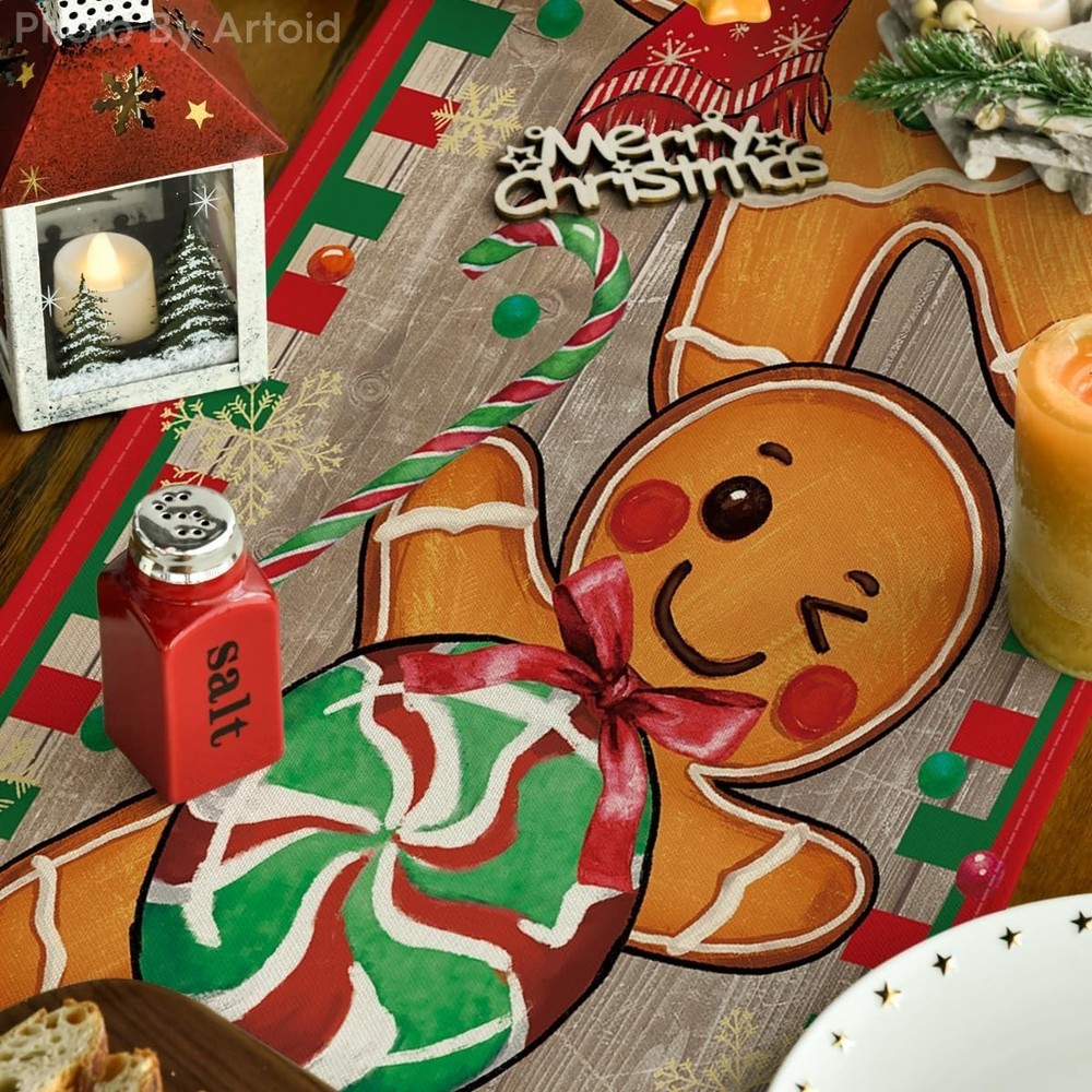 Gingerbread Candy Cane Christmas Table Runner 13x72 Inch Winter Decor