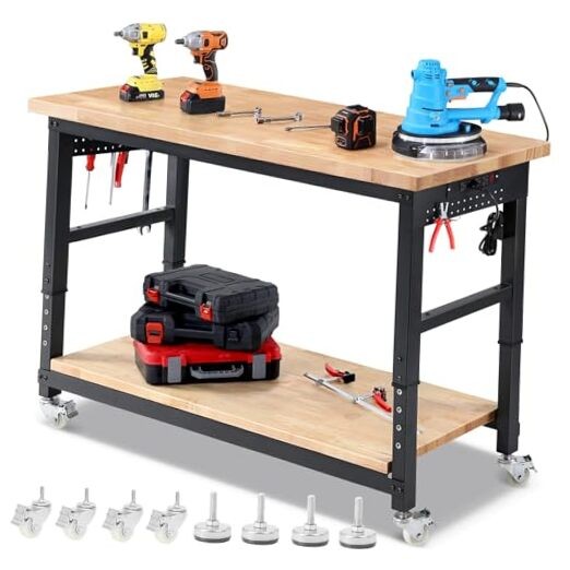 Work Bench for Garage Adjustable Workbenches with 60 INCH Double Layer&Wheels