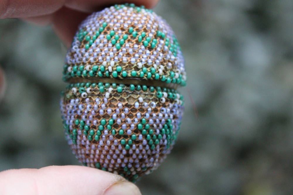 Antique 19th Century English Beaded Easter Egg Thimble Case w/ Sterling Thimble
