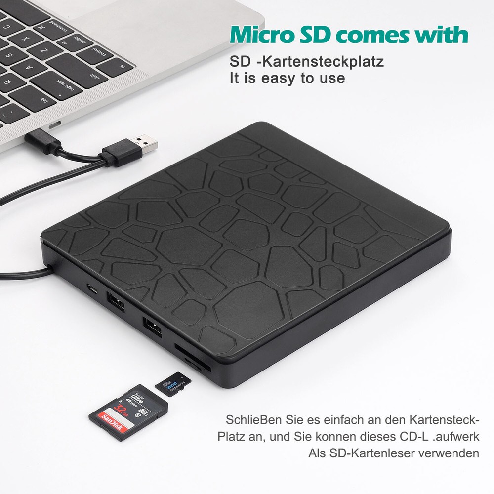Type C USB 3.0 CD DVD +/- RW Burner External DVD Drive Optical Disk Drive SD/TF