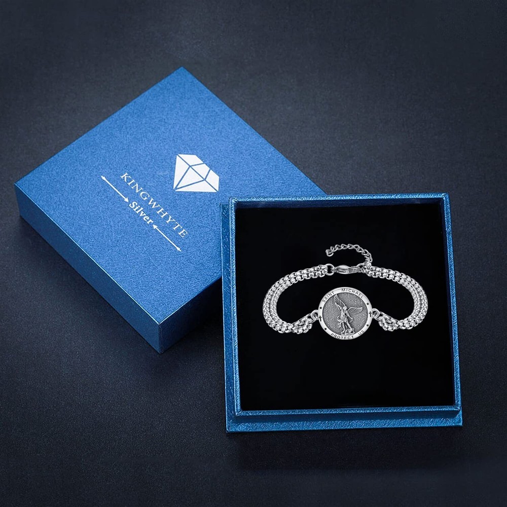 KINGWHYTE St Michael/St Christopher Bracelet Sterling Silver Men Adjustable B...