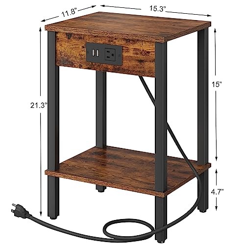 Side Table with Charging Station, Set 2 Set Rustic Brown Engineered Wood Legs