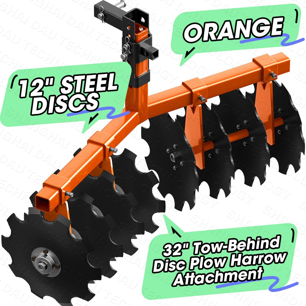 Heavy-Duty 32" Cut Width Disc Plow Harrow with 2" Receiver for ATVs/UTVs Orange