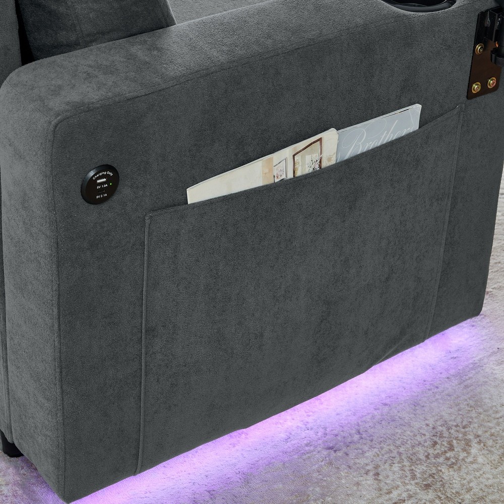 Convertible Sleeper Sofa Bed with Pull Out Bed & LED Lights & USB Charging Ports