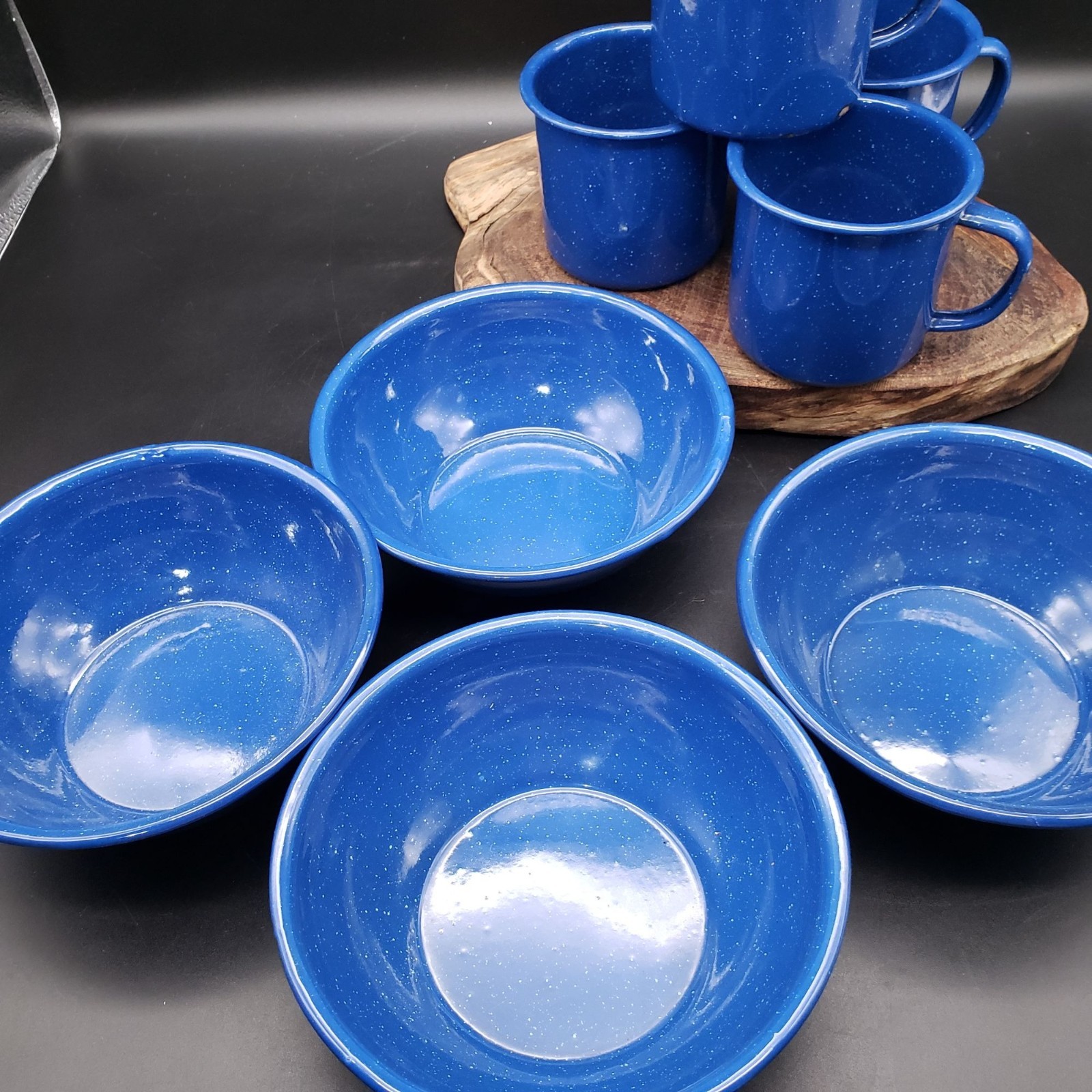 VTG Blue Speckled Enamelware Camp Mug Plate & Bowl Set 12pc Camping Graniteware