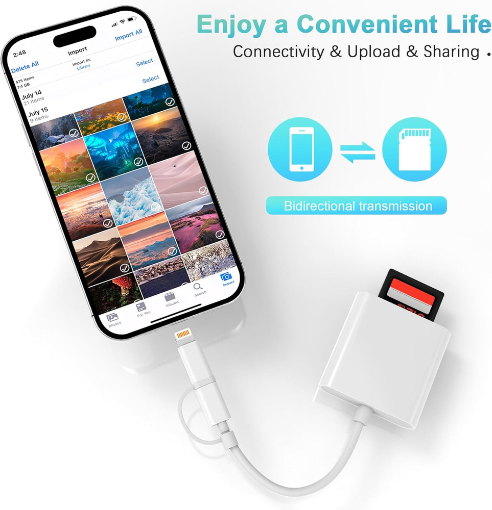 SD Card Reader for iPhone iPad, Dual USB-C Lightning Connector Memory SD Car...