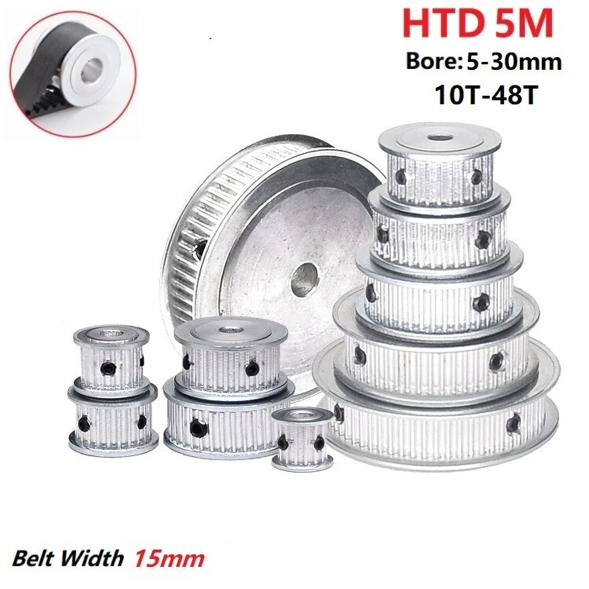 HTD 5M Timing Belt Pulley 10-48T AF-Type Bore 5-30mm for 15mm Wide Timing Belt