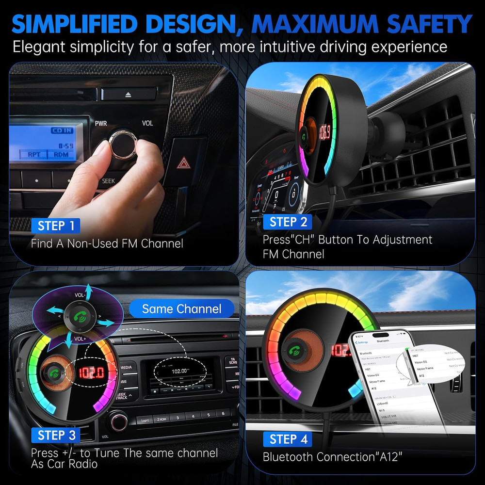 Car Bluetooth FM Transmitter, Wireless Radio Car Adapter 7 Colors LED Backlit