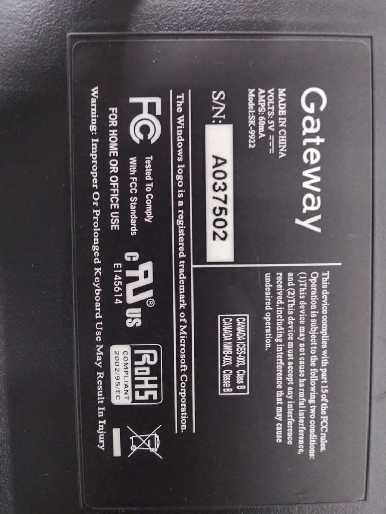 GATEWAY PC COMPUTER KEYBOARD WIRED SK 9922