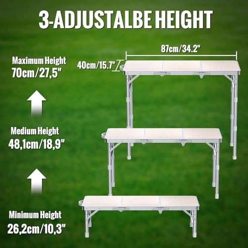 Folding Table for Camping, 3-Adjustable Height Lightweight Folding Picnic