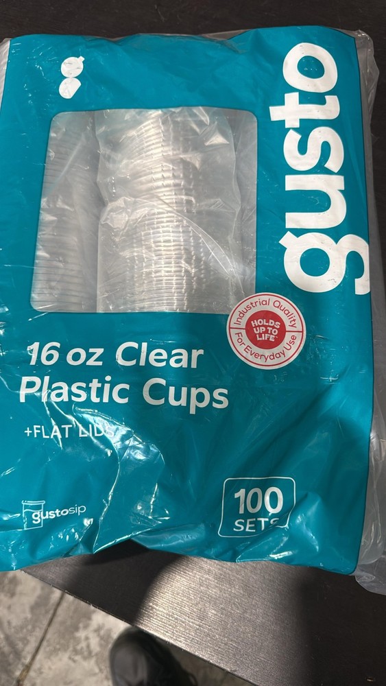 Gusto Clear Plastic Cups with Flat Lids [16 oz - 100 Count]
