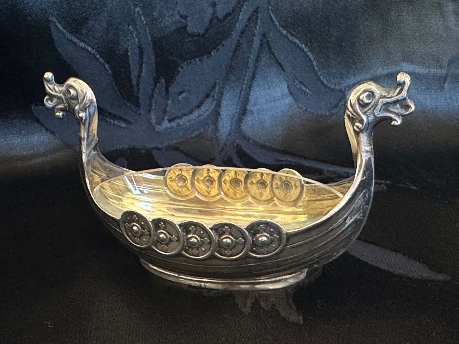 Vintage 925S Sterling Silver Viking Ship Salt Cellar Clear Glass Liner Insert