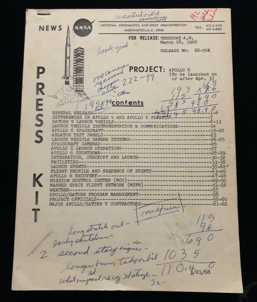 PROJECT APOLLO 6 REPORTER MARY BUBB'S COPY 1968 PRESS KIT GREAT NOTES SCRIBBLES