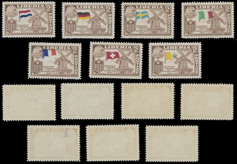 LIBERIA 1958 PRESIDENT'S VISITS 42 PERF STAMPS W/WRONG FLAGS SC#368-70, C114-17